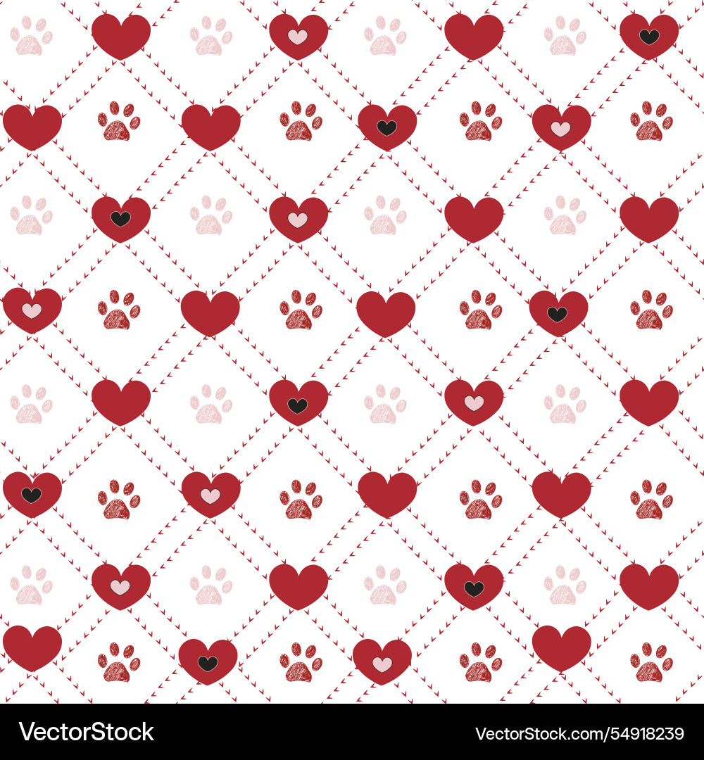 Plaid red hearts with cute paw prints seamless Plaid red hearts with cute paw prints seamless vector image