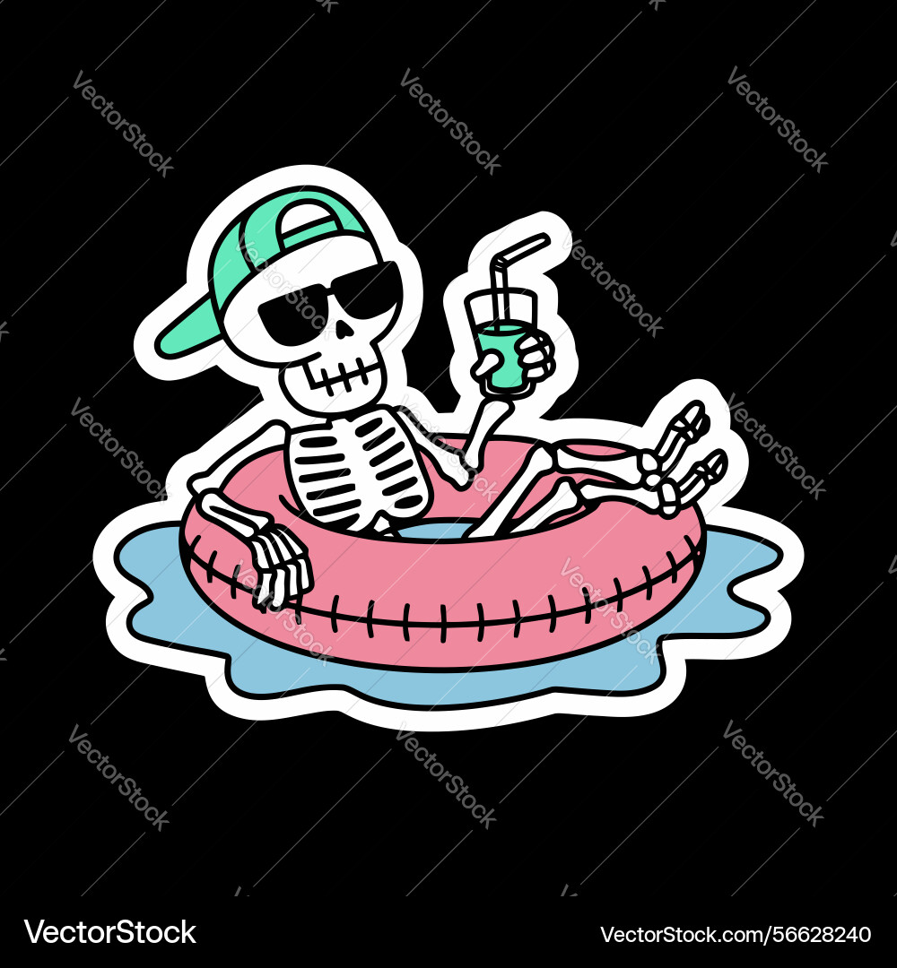 Skeleton relaxing on pool float with drink Skeleton relaxing on pool float with drink vector image