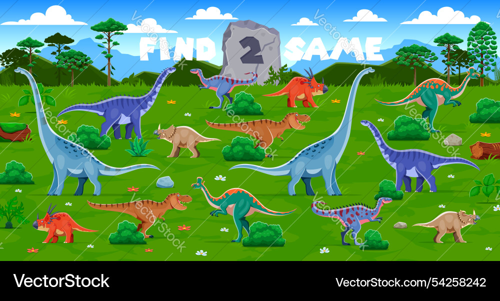 Find two same prehistoric dinosaurs puzzle game Find two same prehistoric dinosaurs puzzle game Vector Image