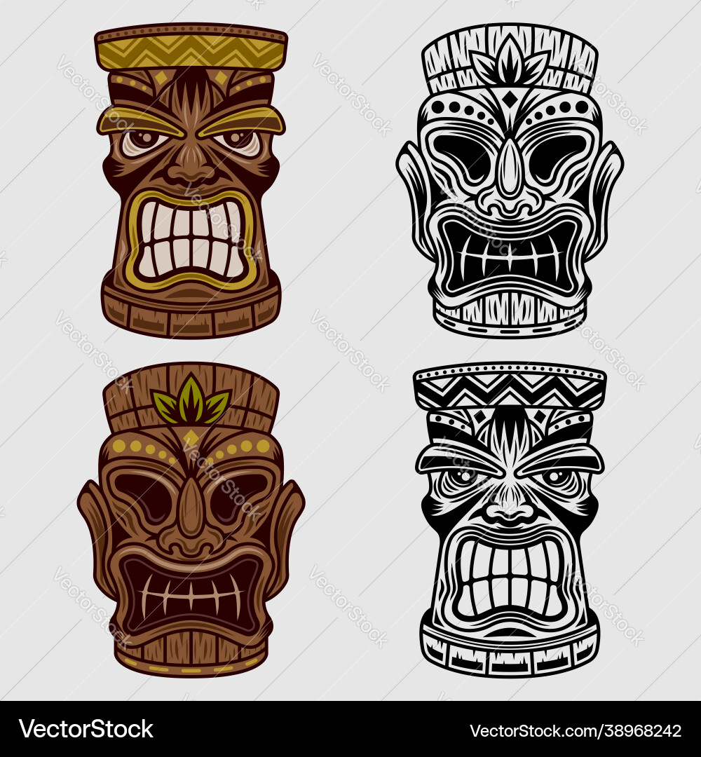 Tiki hawaiian heads set objects in two Tiki hawaiian heads set objects in two vector image