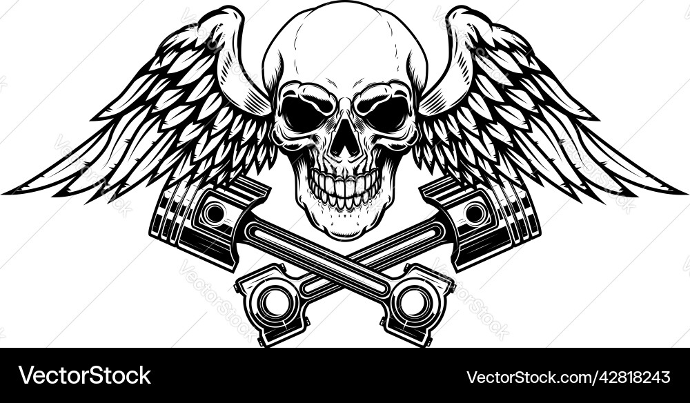 Winged skull with crossed pistons design element vector image