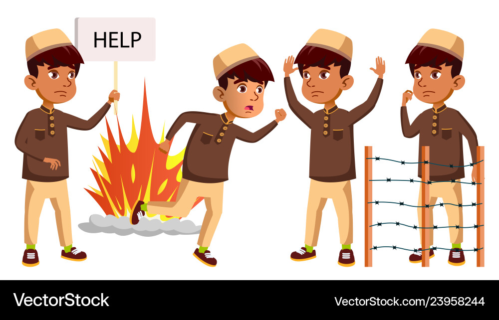Arab muslim boy set refugee military Arab muslim boy set refugee military vector image