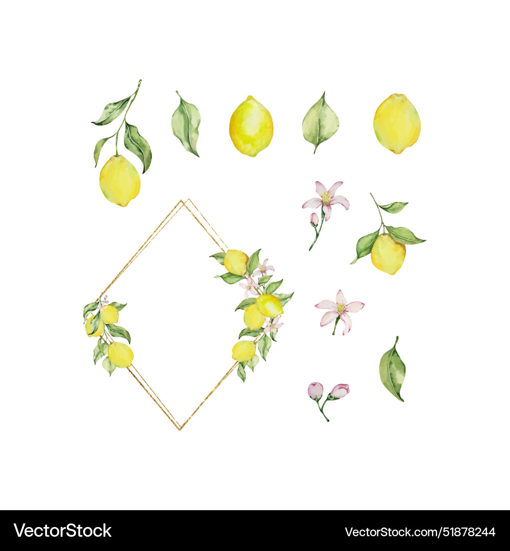 Gold frame with watercolor lemon leaves Gold frame with watercolor lemon leaves vector image