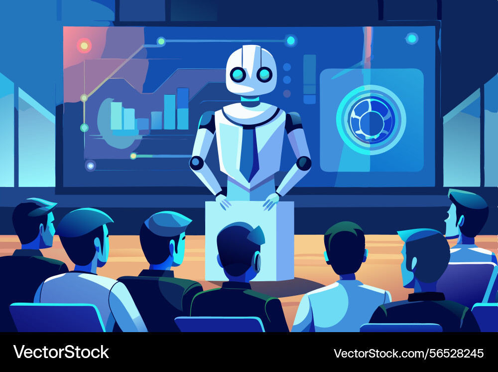 Robot giving presentation with digital interface vector image