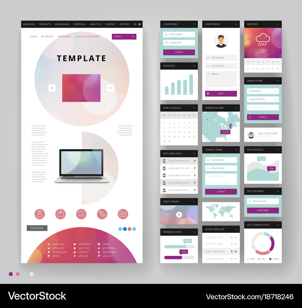Website template design with interface elements vector image