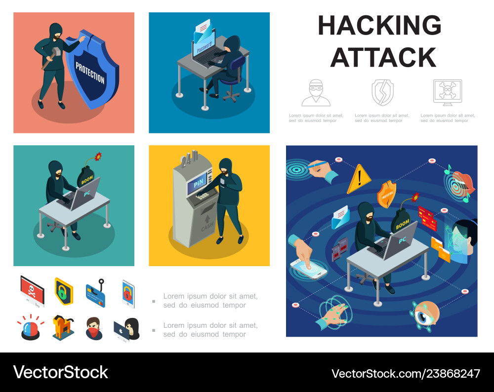 Isometric hacker activity infographic template vector image