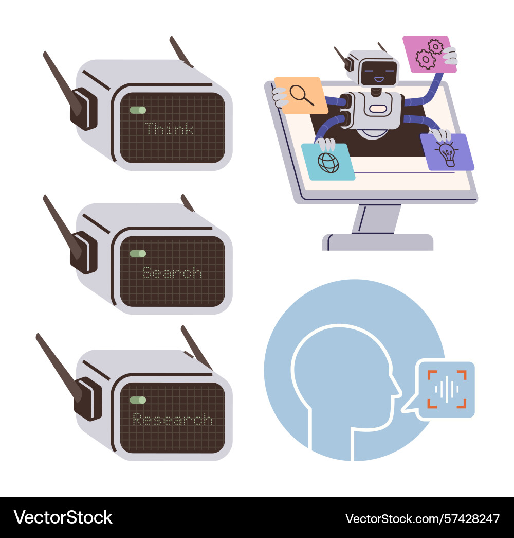 Robot ai performing tasks on screen with think Robot ai performing tasks on screen with think vector image