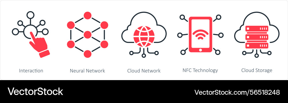 A set of 5 technology icons as interaction neural A set of 5 technology icons as interaction neural vector image