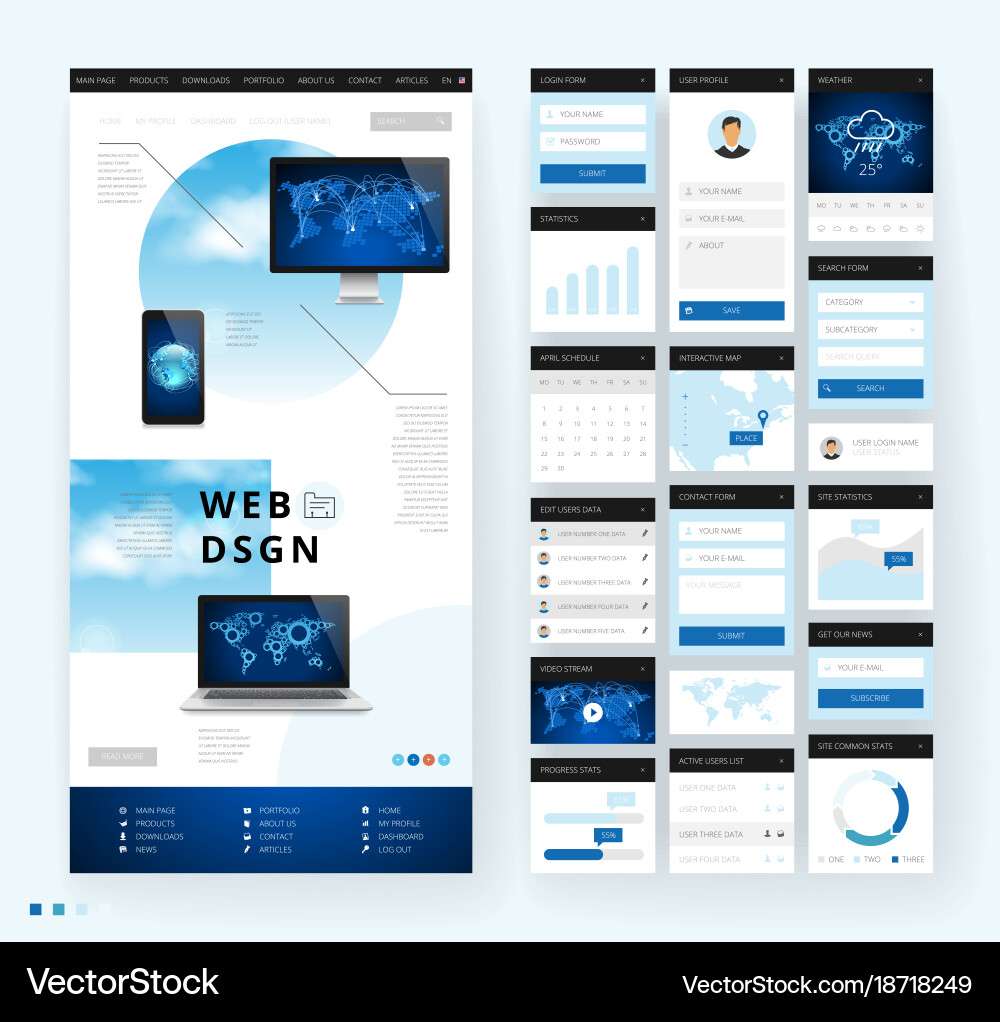 Website template design with interface elements vector image