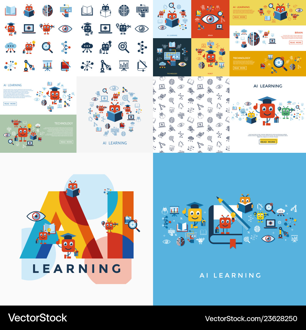 Artificial intelligence self learning icon set Artificial intelligence self learning icon set vector image