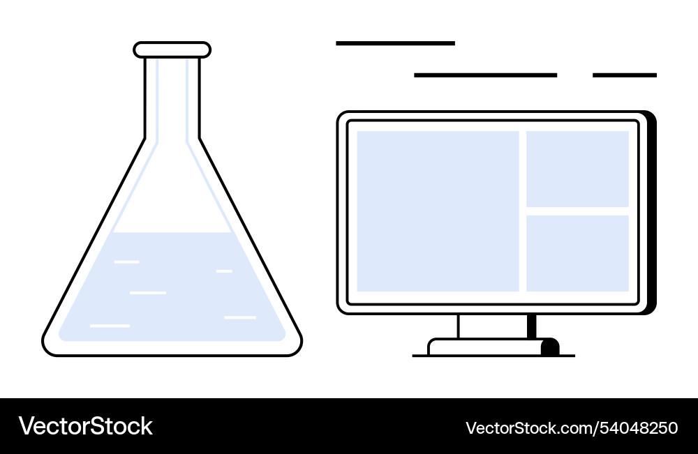 Laboratory flask and computer monitor representing Vector Image