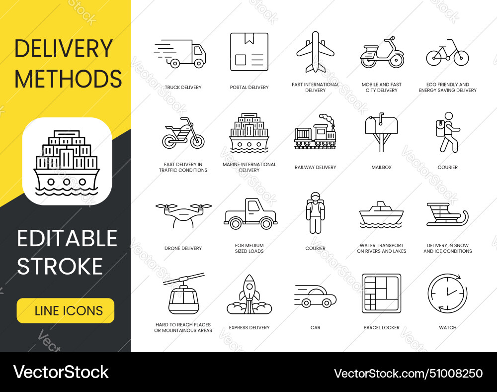 Types and methods of delivery line icons set Types and methods of delivery line icons set vector image