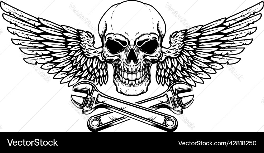 Winged skull with crossed wrenches design element vector image