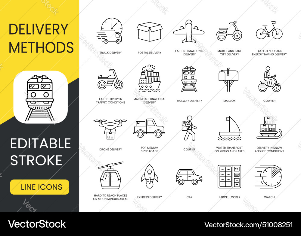 Types and methods of delivery line icons set Types and methods of delivery line icons set vector image