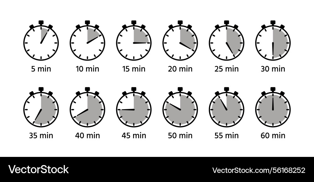 Round clocks with different minutes timer Round clocks with different minutes timer vector image
