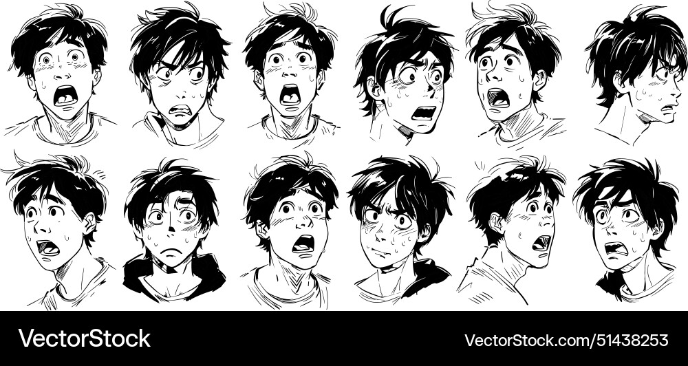 Asian guy anime avatars ink sketch set Royalty Free Vector