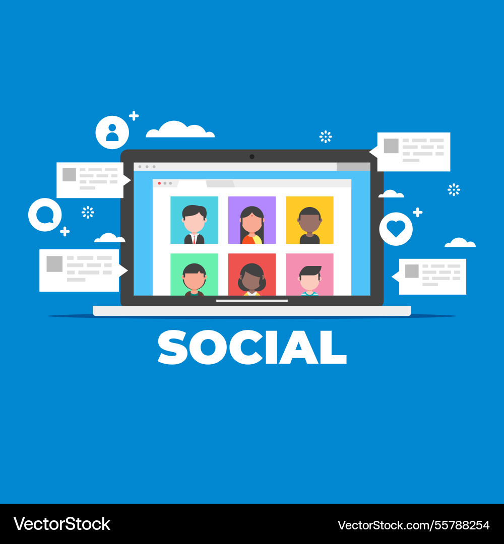 Flat social media background with computer Vector Image