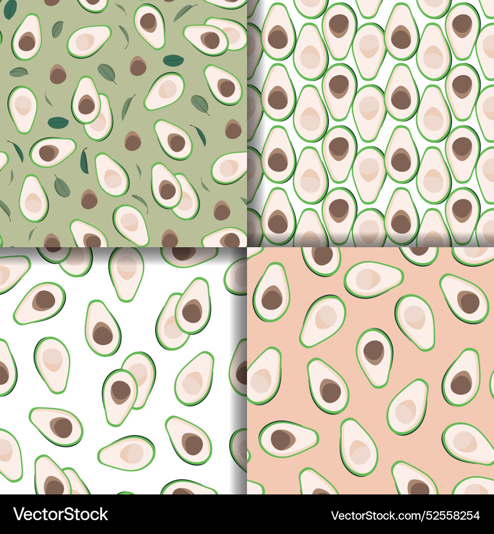 Seamless patterns sliced avocado with seeds set Seamless patterns sliced avocado with seeds set vector image