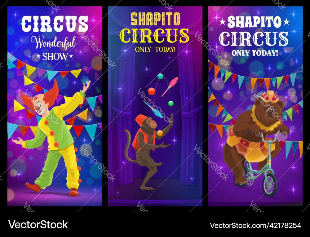 Shapito circus cartoon clown and animals banner Shapito circus cartoon clown and animals banner vector image
