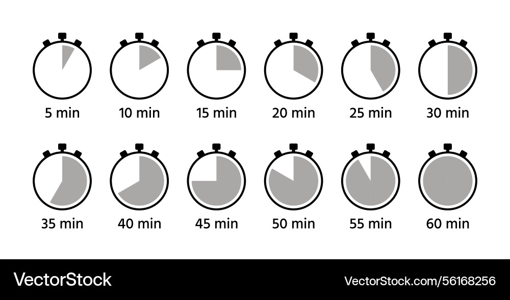 Clocks with different minutes from 5 to 60 timer Clocks with different minutes from 5 to 60 timer vector image