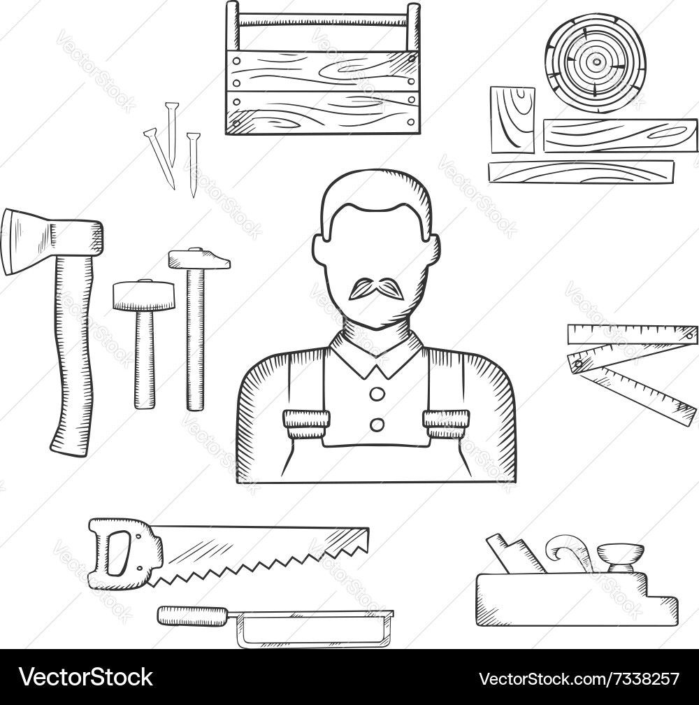 Carpenter with timber and tools sketch icons vector image