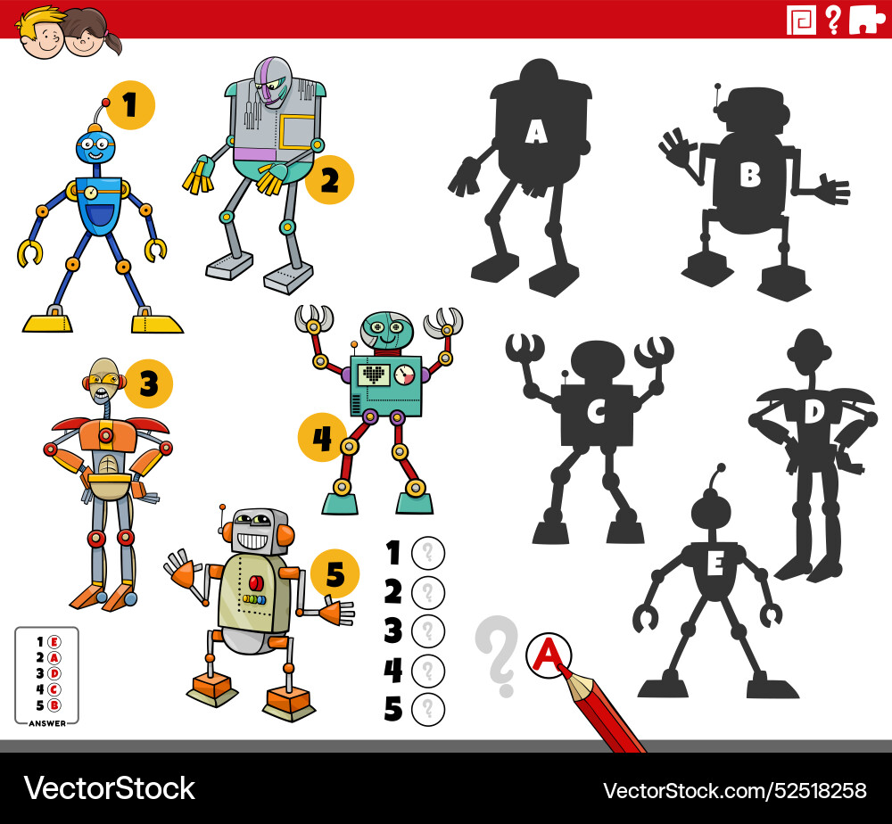 Finding shadows game with cartoon robots Finding shadows game with cartoon robots vector image