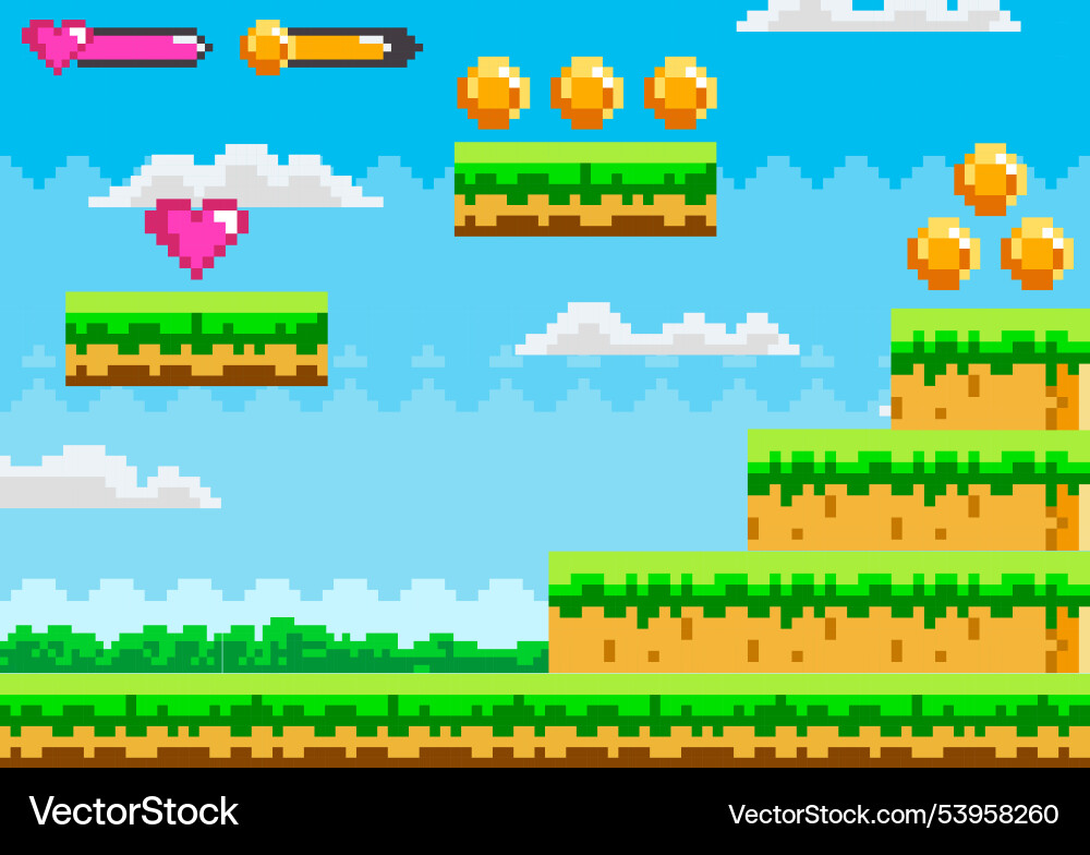Retro pixel art platform game level with floating Retro pixel art platform game level with floating vector image