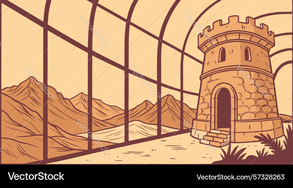 Medieval tower through a large window view vector image