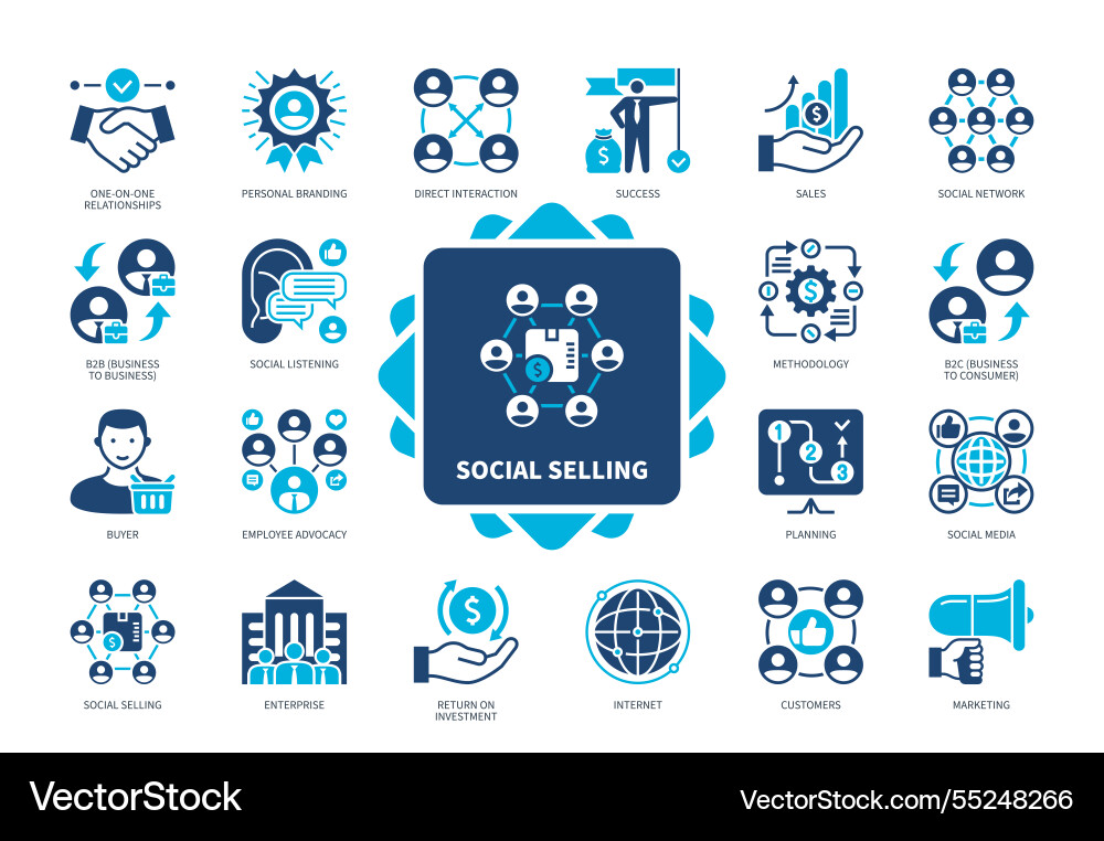 Social selling solid icon set Royalty Free Vector Image
