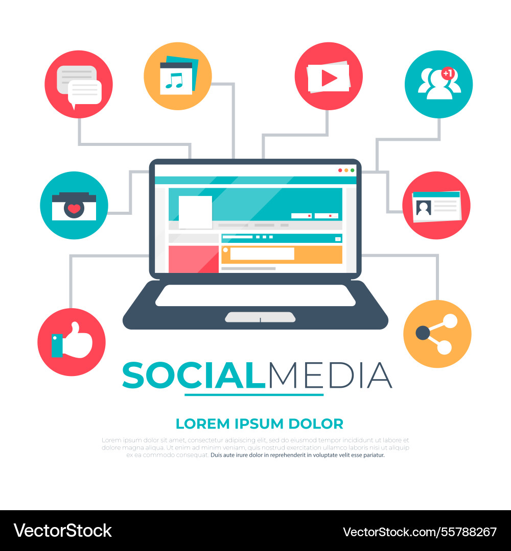 Flat social media background with computer Vector Image