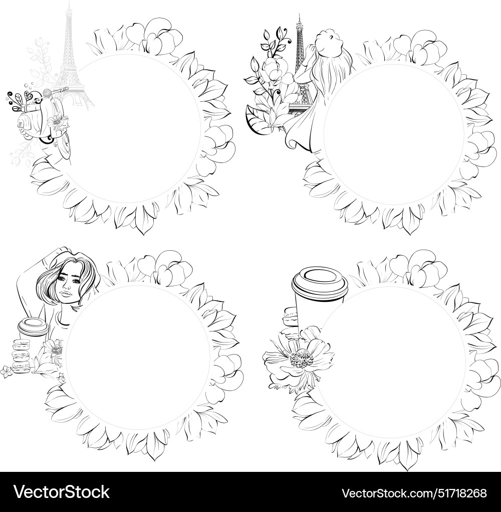 Set flowers circle frame template of eiffel tower Vector Image