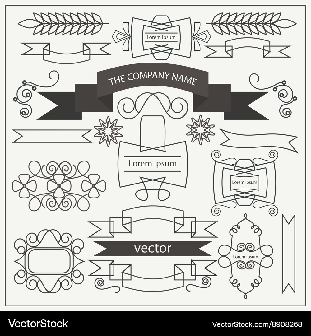 Set retro pattern elements ribbons curls frames Vector Image