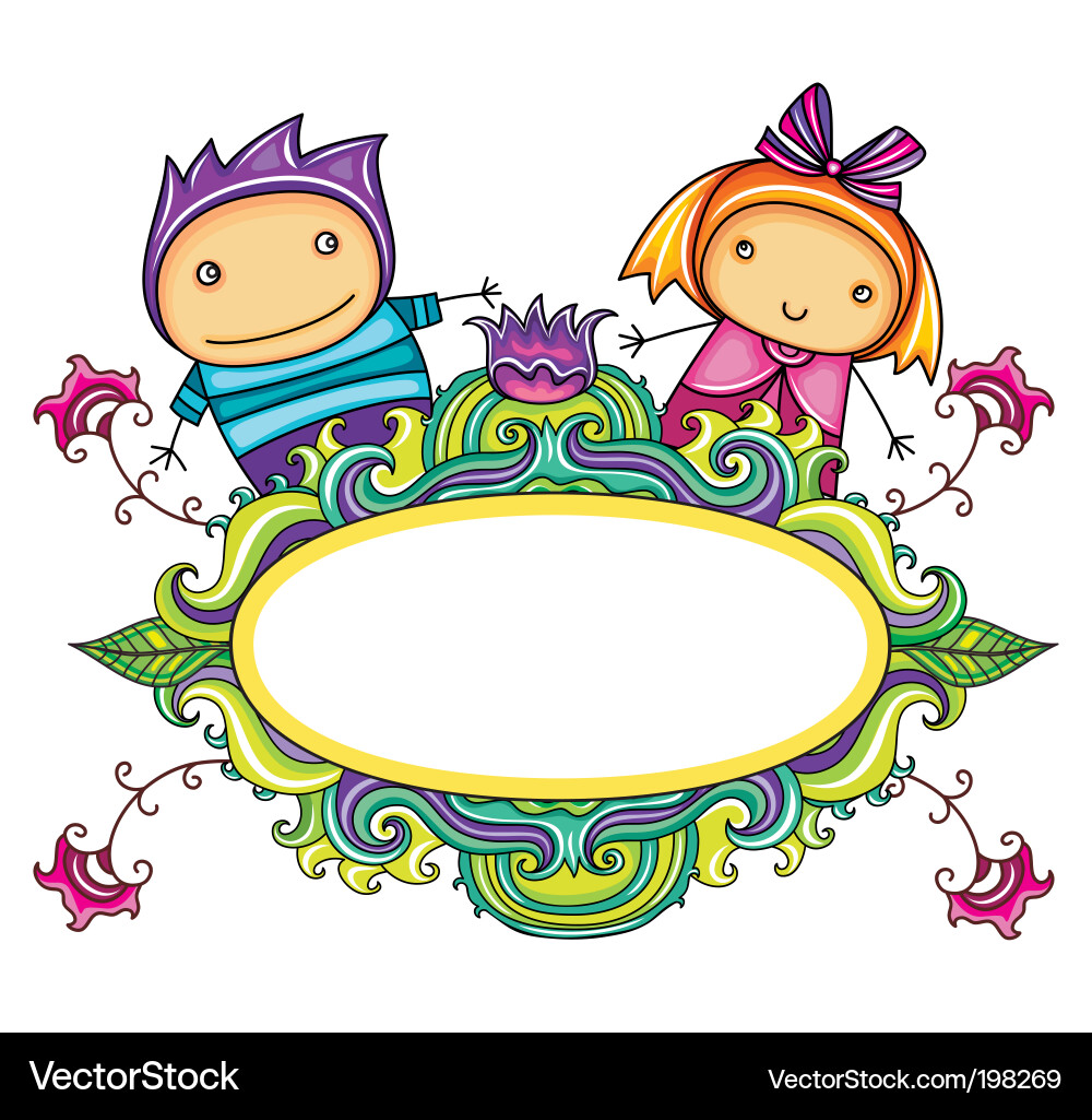 Floral Curly Frame with Boy & Girl Vector Image