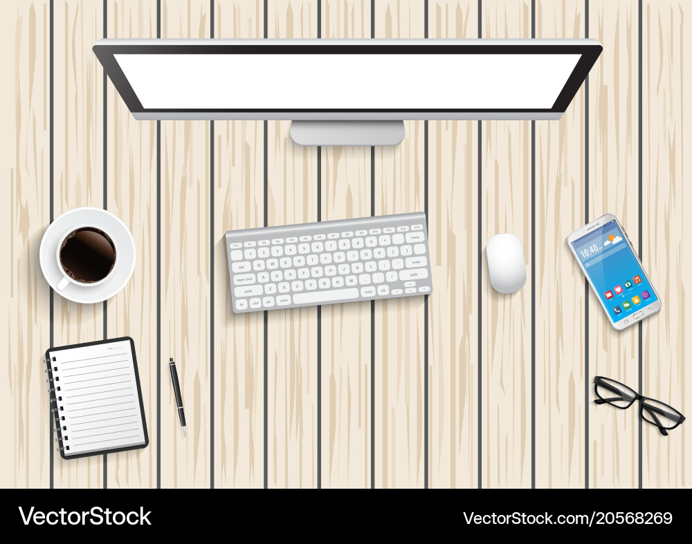 Realistic workplace desktop top view desk table – Royalty-Free Vector |  VectorStock, image size:1000x787