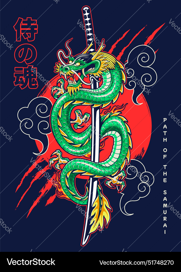 Japanischer Drachen Katana Drucken Vektorbild
