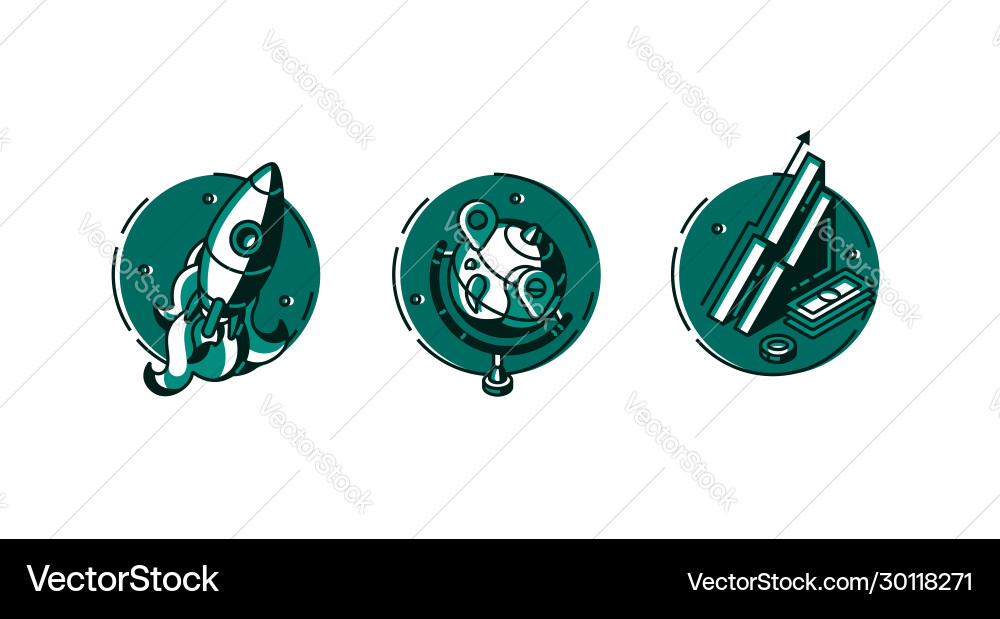 Round icons rocket globe and data chart set Round icons rocket globe and data chart set vector image