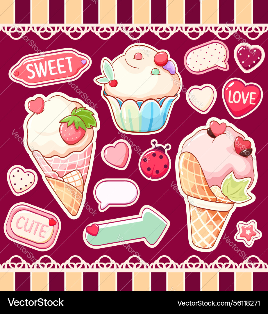 Summer set in kawaii style cute eye-catching tag Summer set in kawaii style cute eye-catching tag vector image
