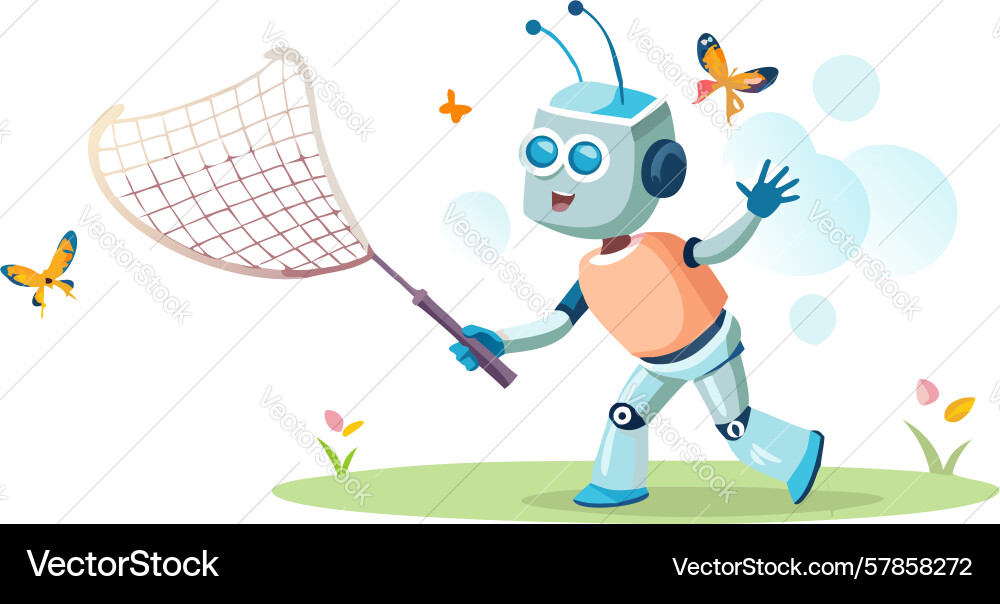 Robot with butterfly net a curious exploration Vector Image