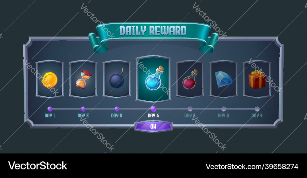 Daily reward frame with item icons for game design Daily reward frame with item icons for game design vector image
