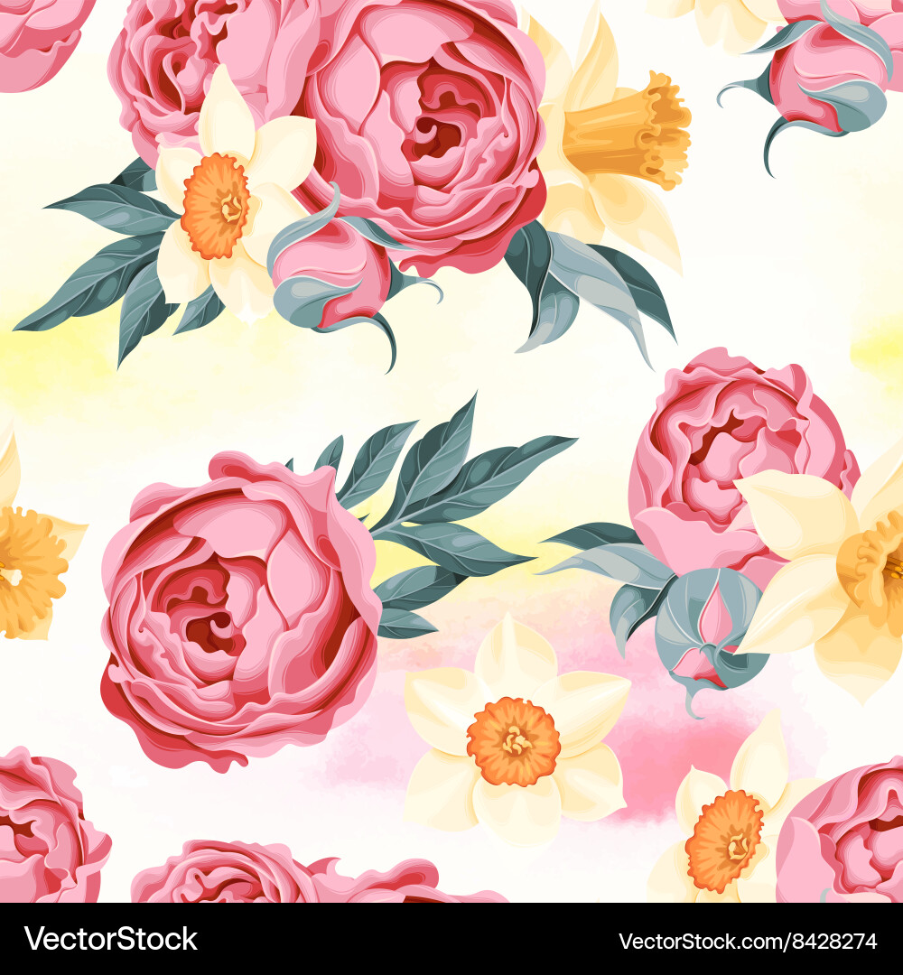 Peony and Daffodil Floral Pattern Vector Image