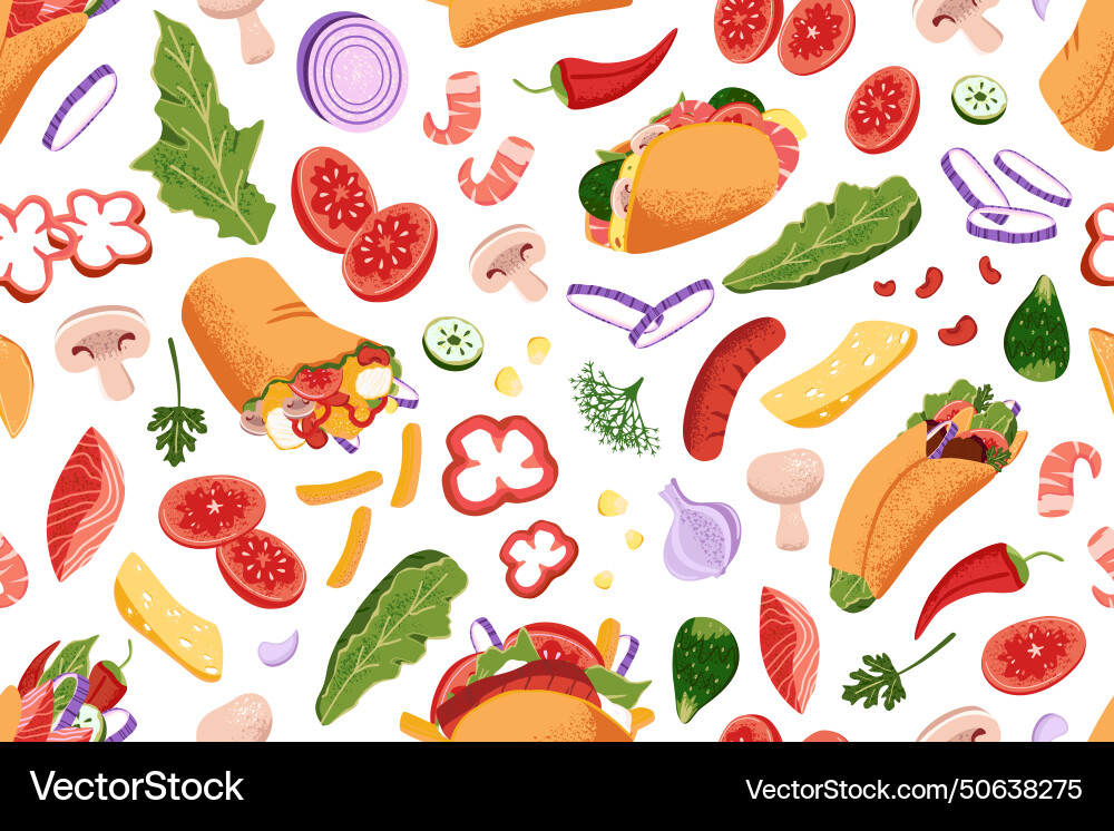 Endless pattern of different fastfood repeating Endless pattern of different fastfood repeating vector image