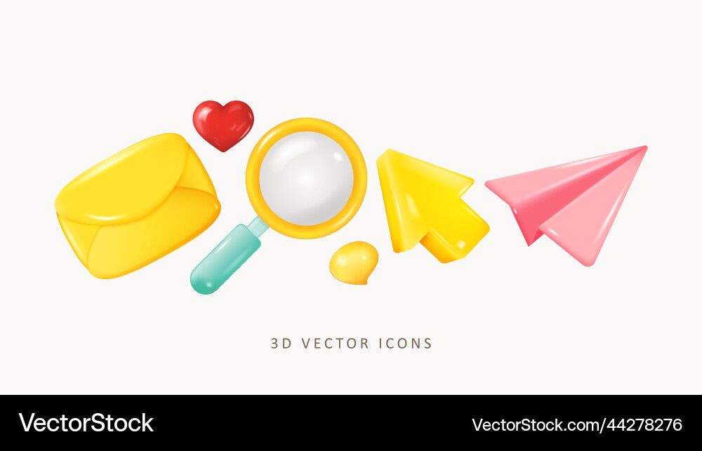 3d icon set mail magnifier mouse cursor paper 3d icon set mail magnifier mouse cursor paper vector image