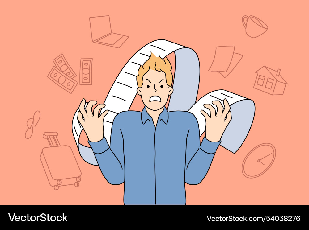 Angry man nervous due to overload of tasks Angry man nervous due to overload of tasks vector image
