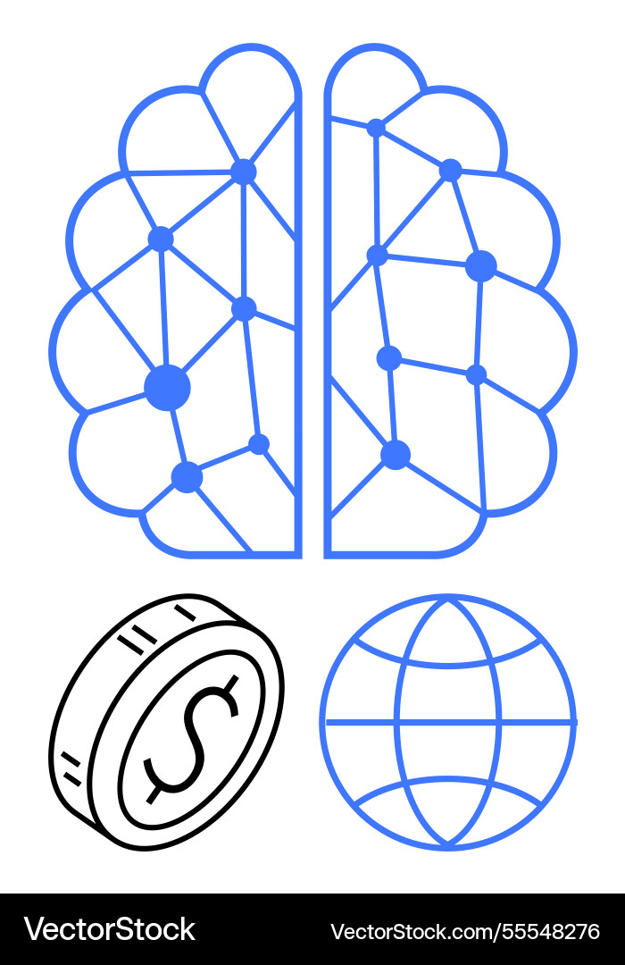 Brain network with connected nodes dollar coin Brain network with connected nodes dollar coin vector image