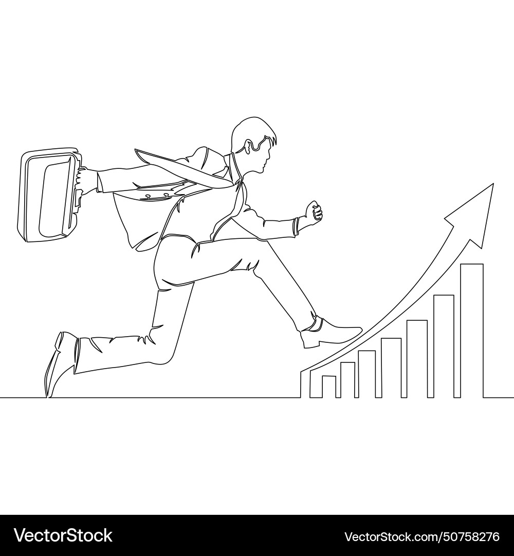 Continuous line man jumping on the rising graph Continuous line man jumping on the rising graph Vector Image