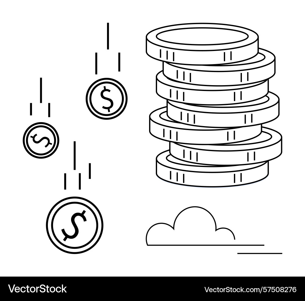 Falling coins and stacked currency representing Falling coins and stacked currency representing Vector Image