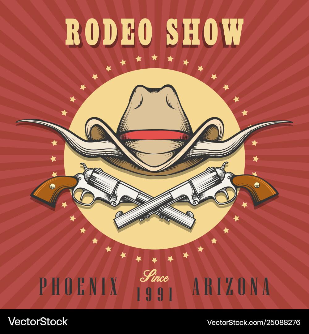 Rodeo Show Emblem mit Cowboy Hut und Revolver Rodeo Show Emblem mit Cowboy Hut und Revolver vektorbild