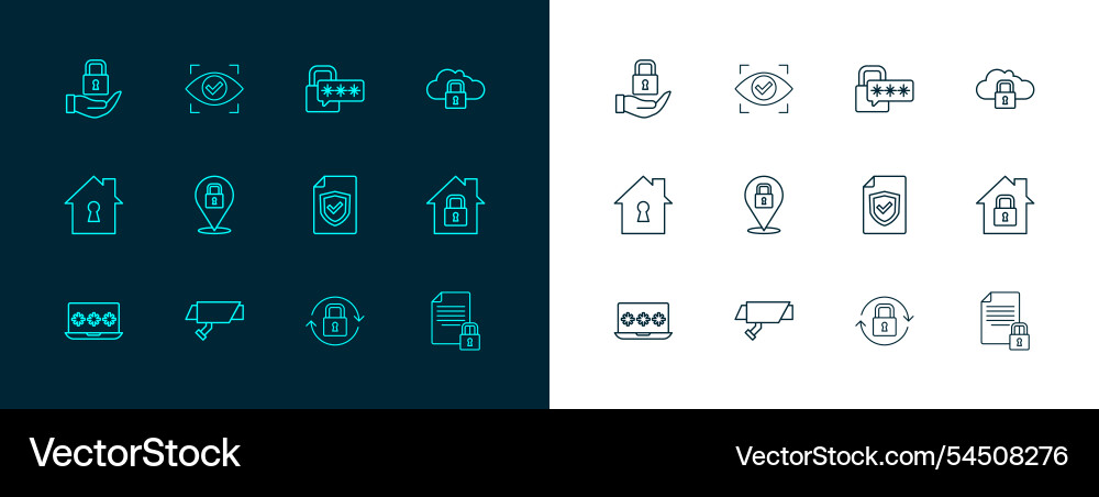 Set line cloud computing lock security camera Set line cloud computing lock security camera vector image