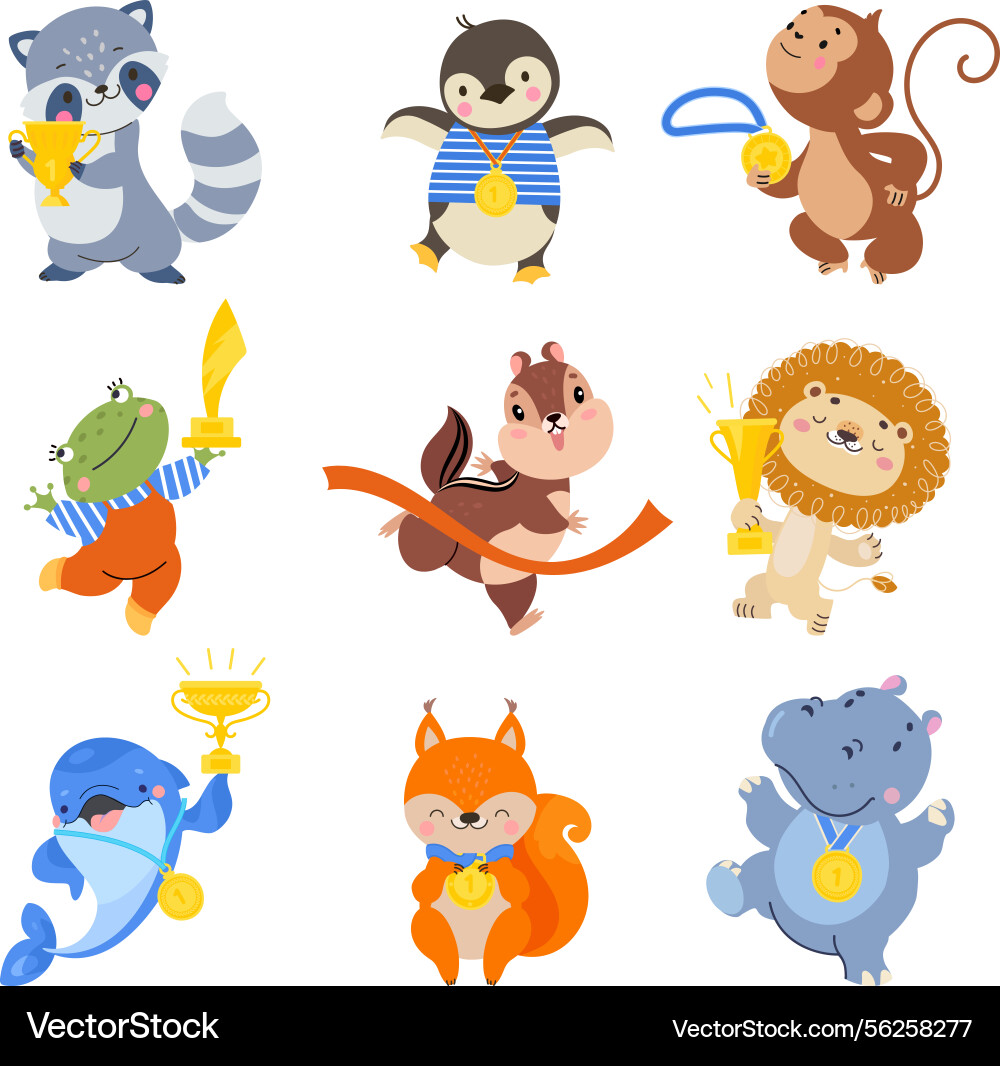 Animal winners raccoon lion hippo fox monkey Animal winners raccoon lion hippo fox monkey vector image