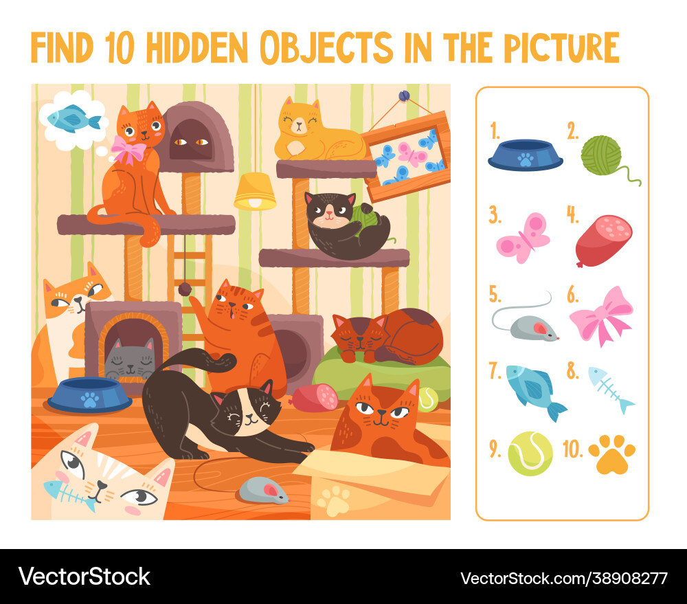 Colorful papersheet game find 10 hidden objects Colorful papersheet game find 10 hidden objects vector image